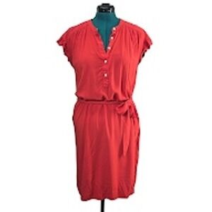 LOFT Red Dress Petite‎ Midi Casual Button Front Tie Waist Size M Petite